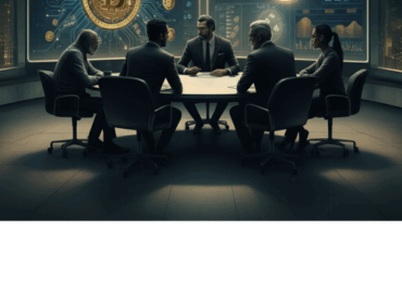 Financial experts discussing Bitcoin's future, with digital gold and blockchain graphics